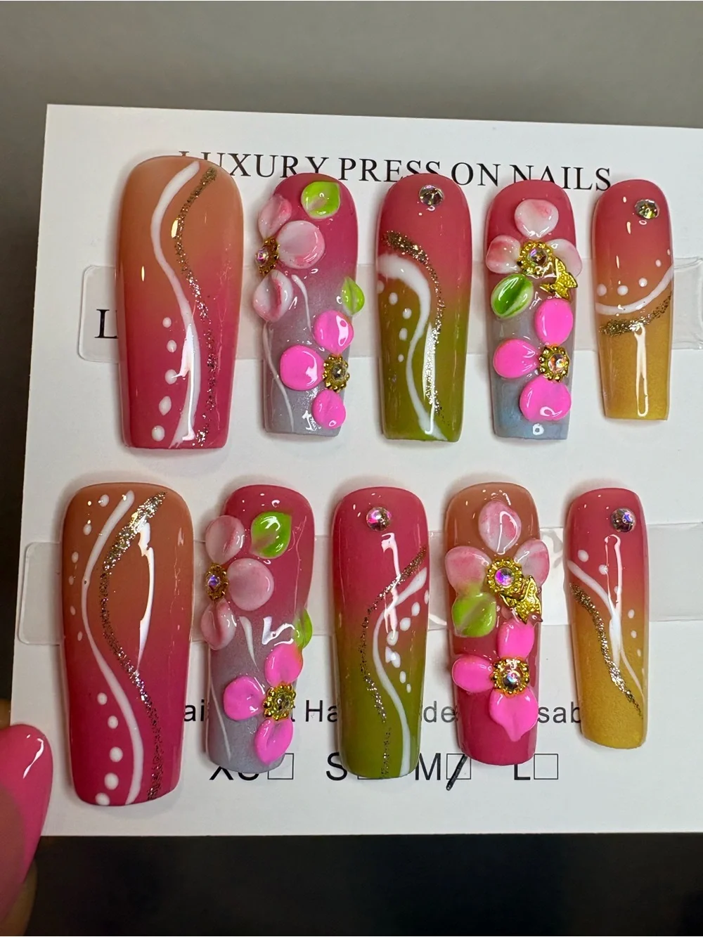 Pink Floral Press-On Nails with Gold Accents